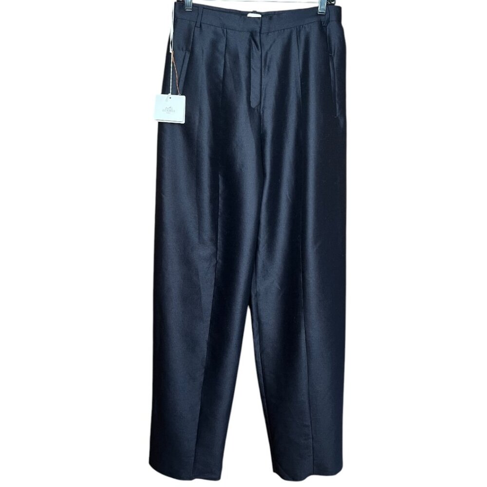 Hermes Cashmere Cotton Silk "Pantalone Large" Pants Bleu Noir Eu Size 38 New
